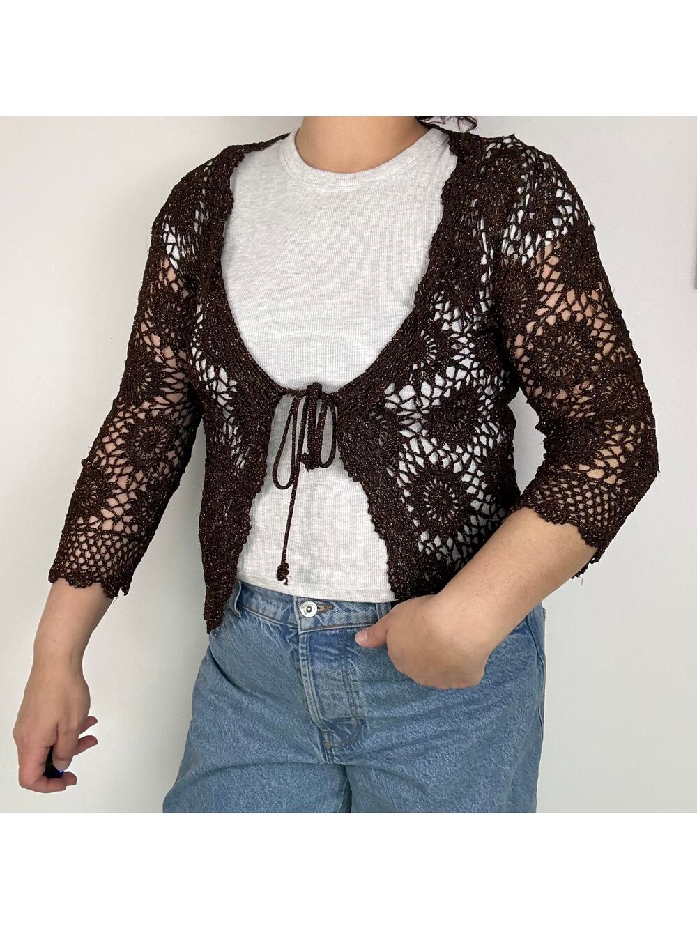 joseph a qu'est - cequec'est silk? brown crotchet lurex sweater